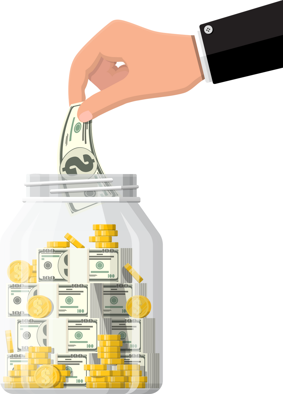 Glass Money Jar Full of Gold Coins and Banknotes.
